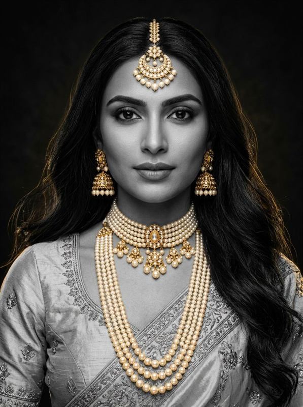 Indian royal model wearing handcrafted glowing multi-strand pearl jewelry set