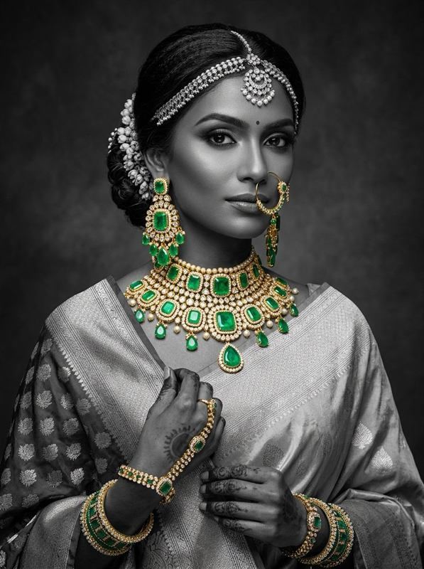 Indian bride wearing Colombian green emerald and diamond choker set