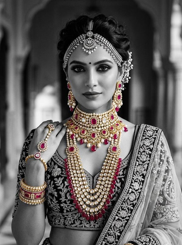 Indian royal muse wearing Burmese ruby and uncut diamond Polki choker set